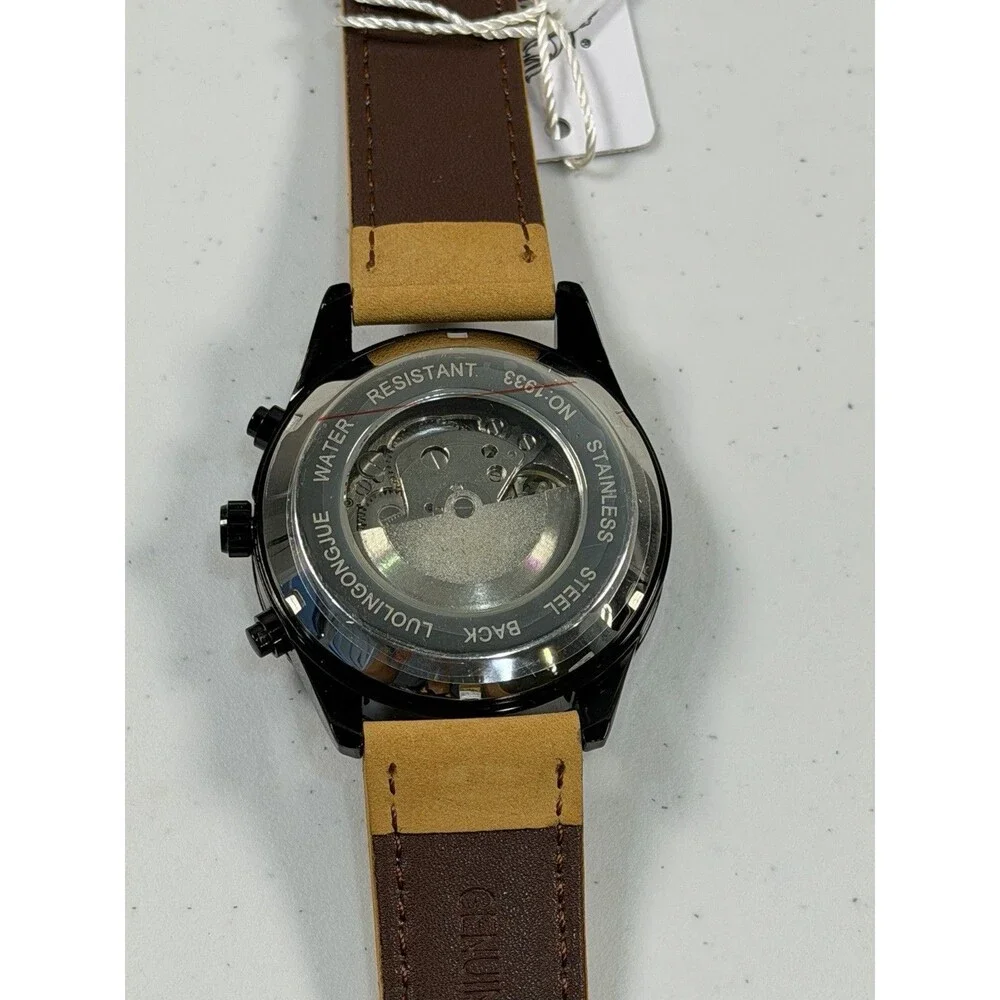 Automatic Mechanical Men’s Watch 44mm Black Case Brown Leather Strap New